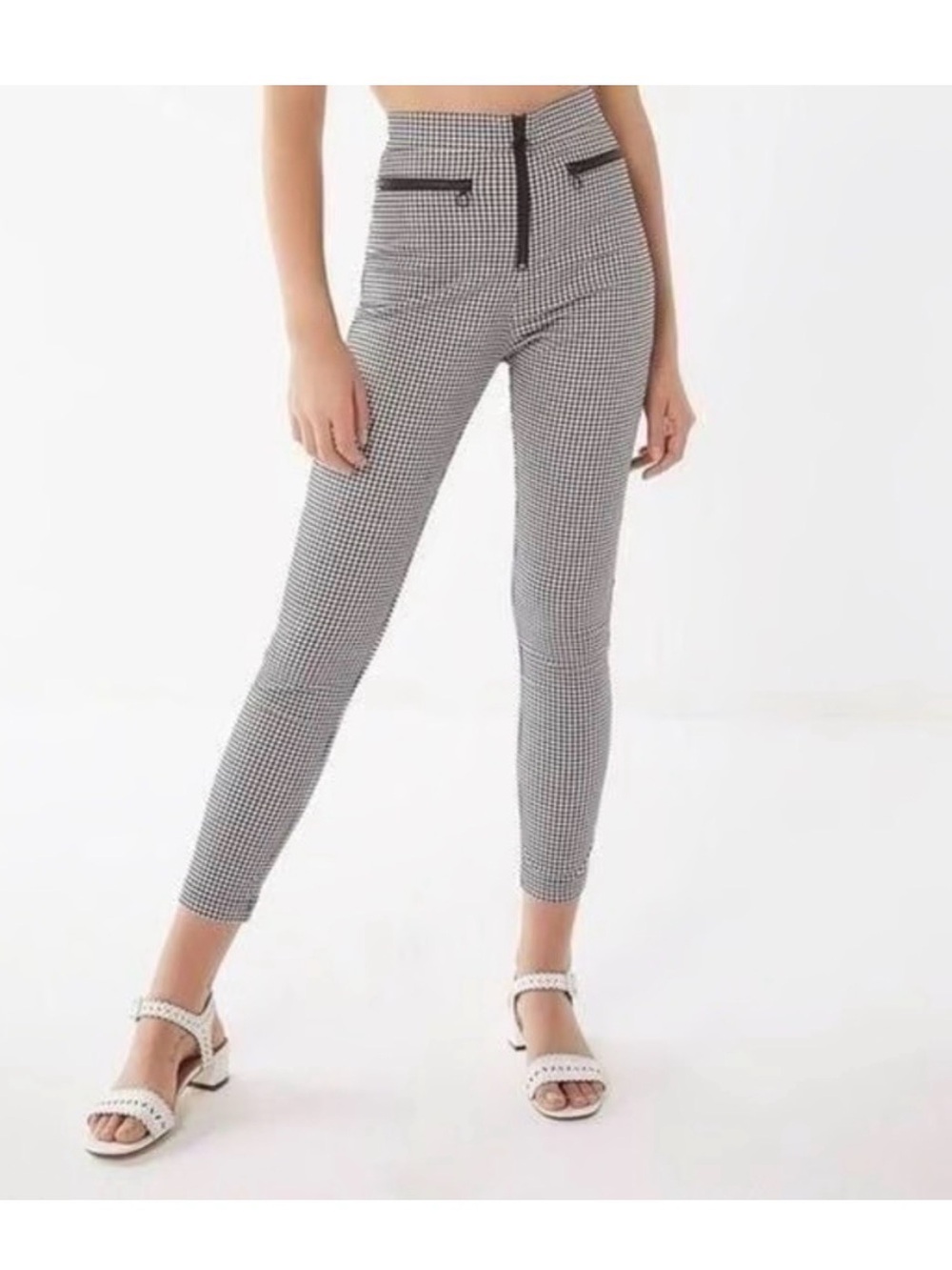 High-Waist Houndstooth Slim Pants - Black & White